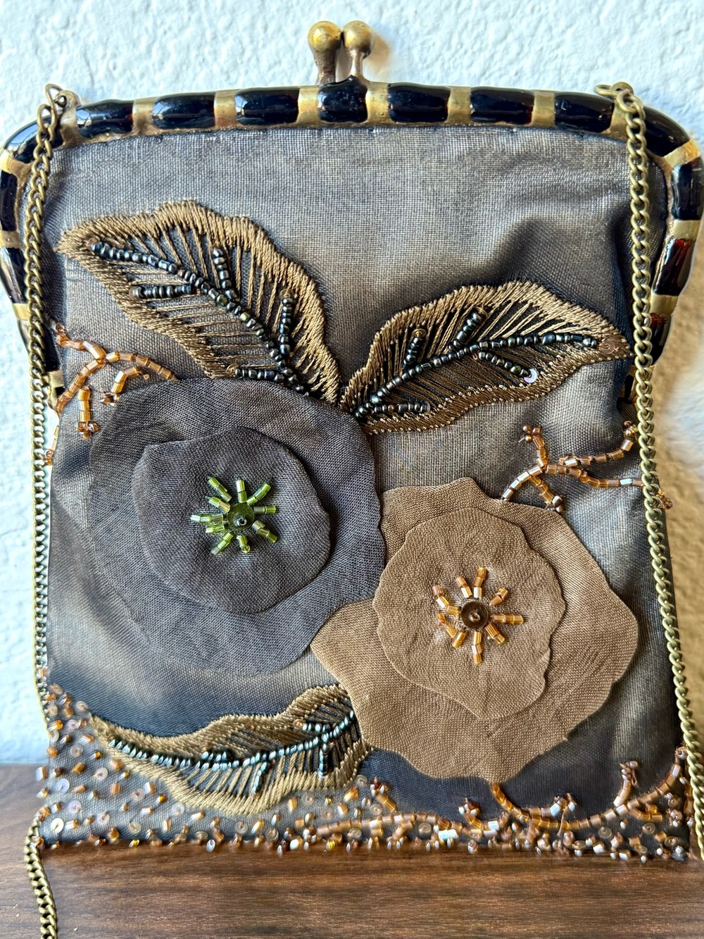 Beaded Floral Evening Wristlet in Taupe and Brown